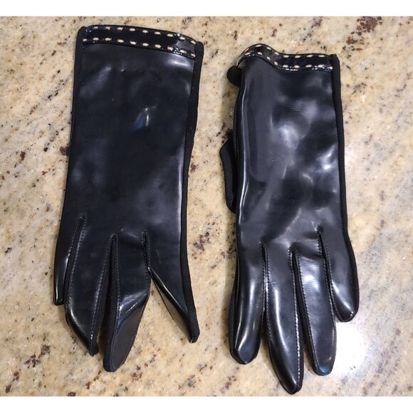 Vintage Size XS-S Black Patent Faux Leather Stretch Formal 8" Gloves Go Go - Picture 1 of 13
